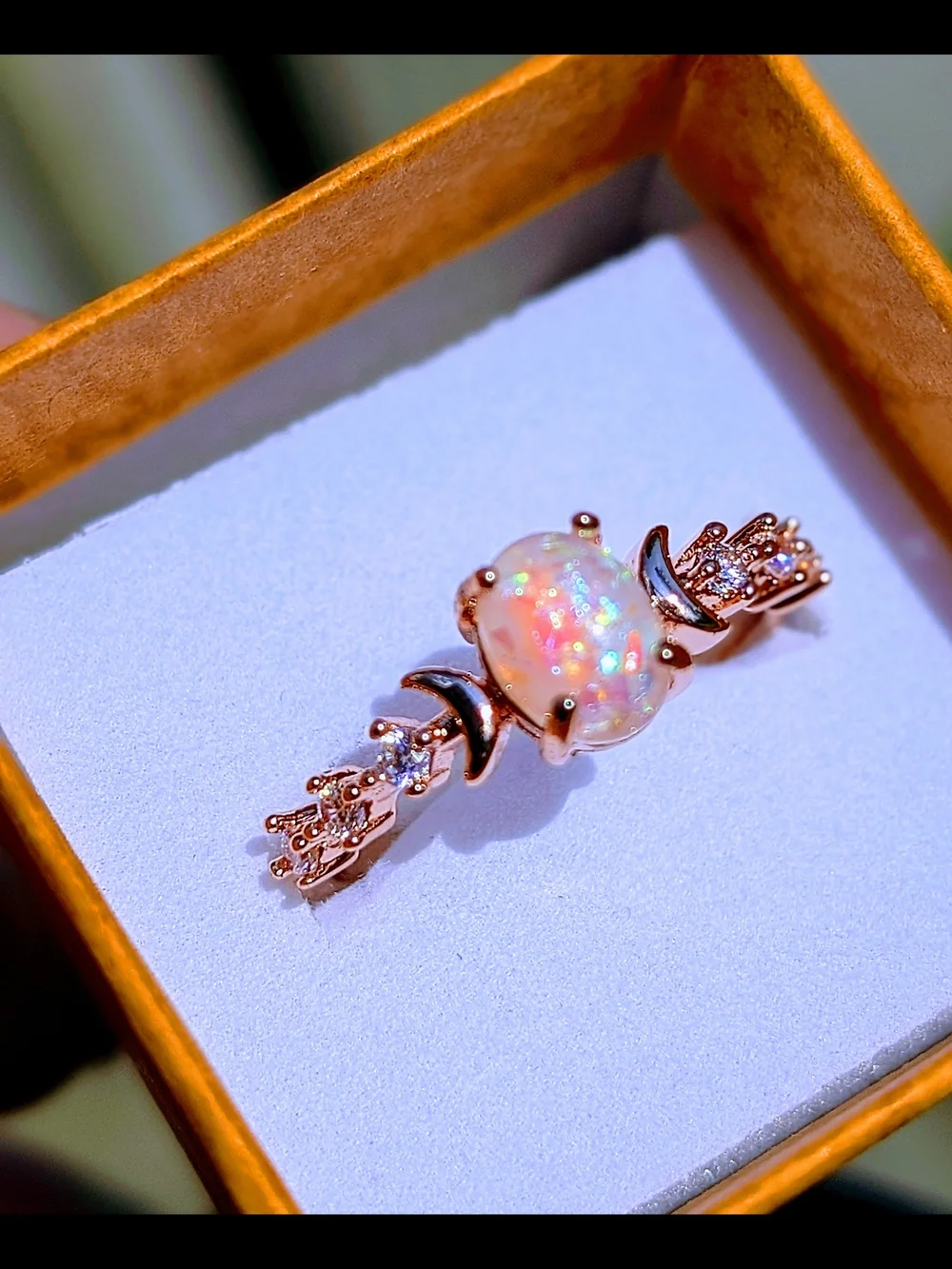 Handmade Rose Gold Opal Ring – Size 9 | Crescent Moon Design |
